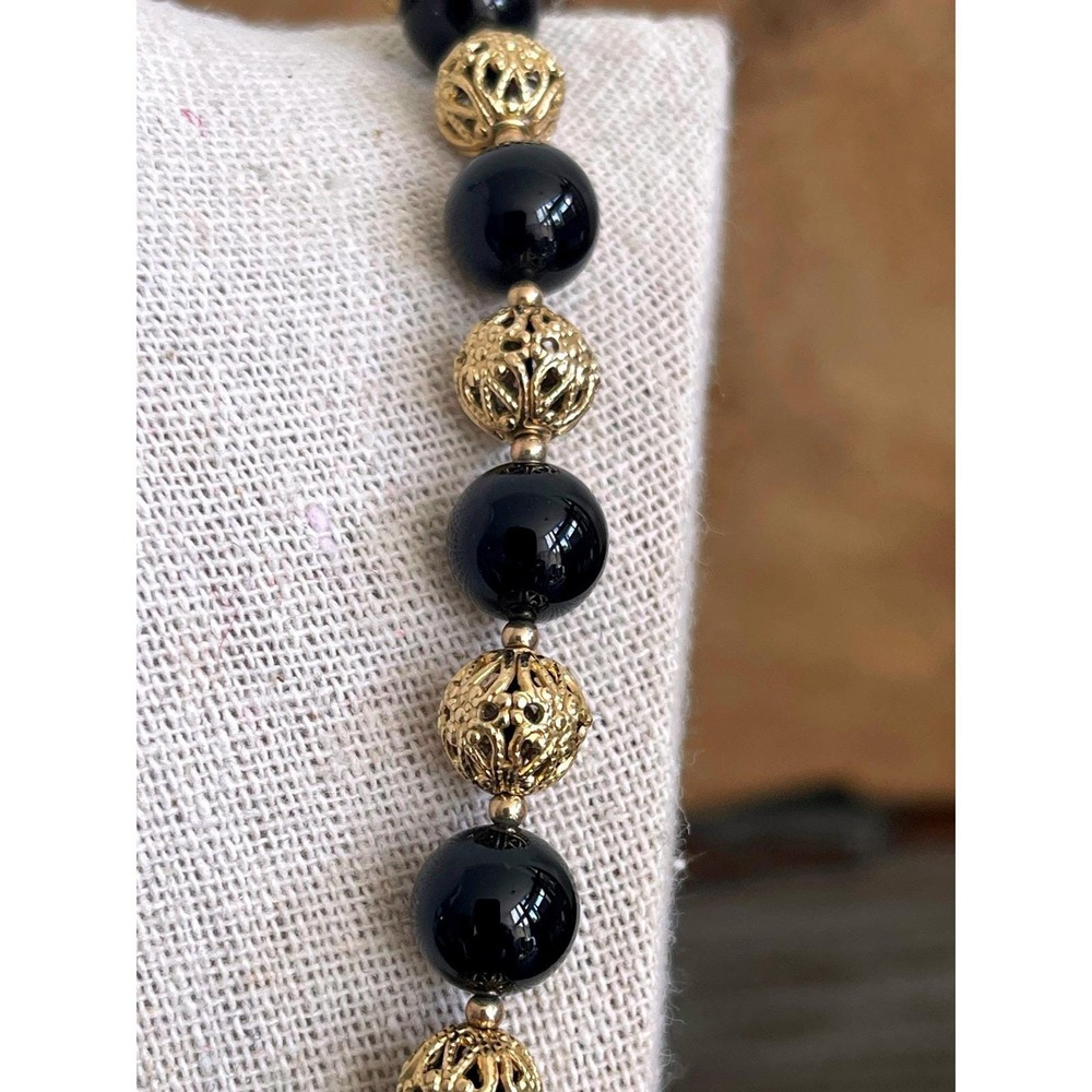 Vintage 28" Black Onyx & 4/20 Gold Filled Filigree Bead Statement Necklace 61g - Picture 4 of 7